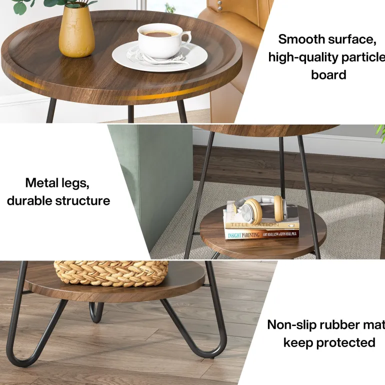 Hot Tribesigns Round End Table, 2-Tier Side Table Accent Table with Metal Legs