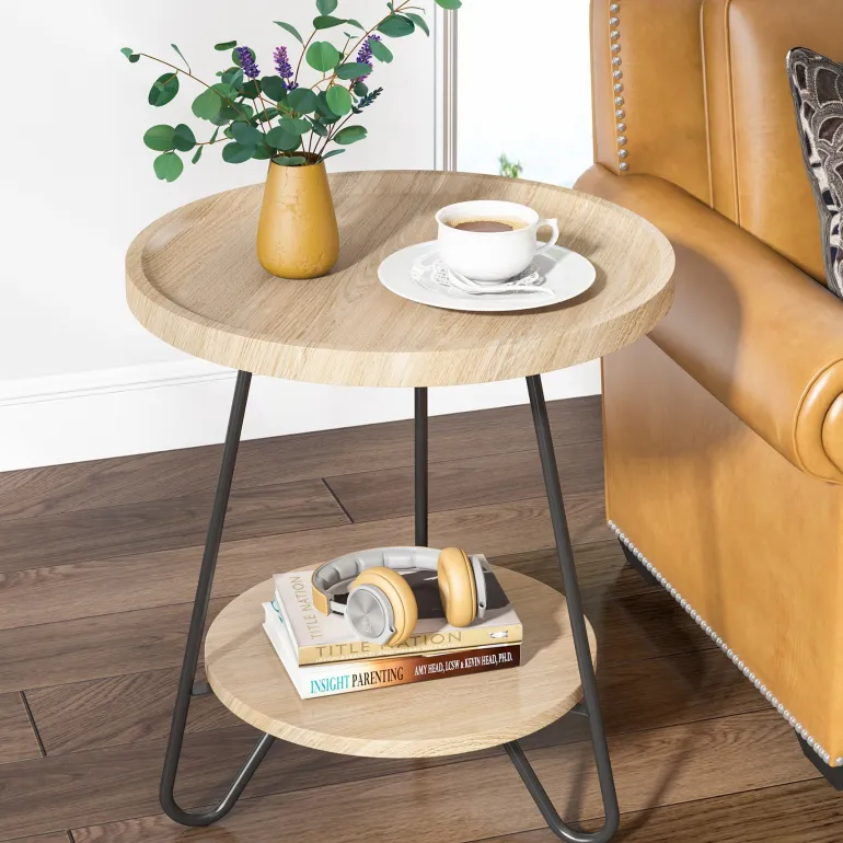 Hot Tribesigns Round End Table, 2-Tier Side Table Accent Table with Metal Legs