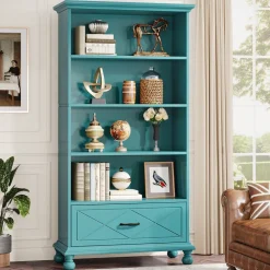 Clearance Tribesigns 6-Shelf Bookcase with Drawer, 71" Bookshelf with Solid Wood Legs