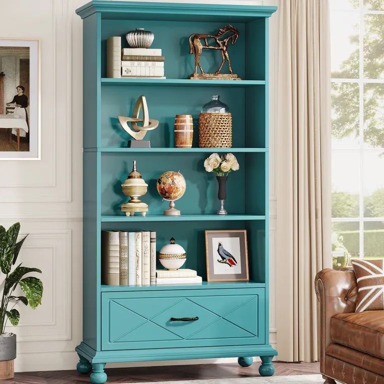 Clearance Tribesigns 6-Shelf Bookcase with Drawer, 71" Bookshelf with Solid Wood Legs