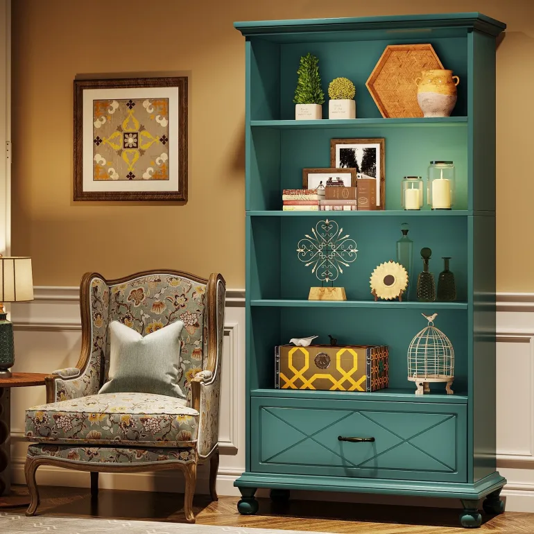 Clearance Tribesigns 6-Shelf Bookcase with Drawer, 71" Bookshelf with Solid Wood Legs