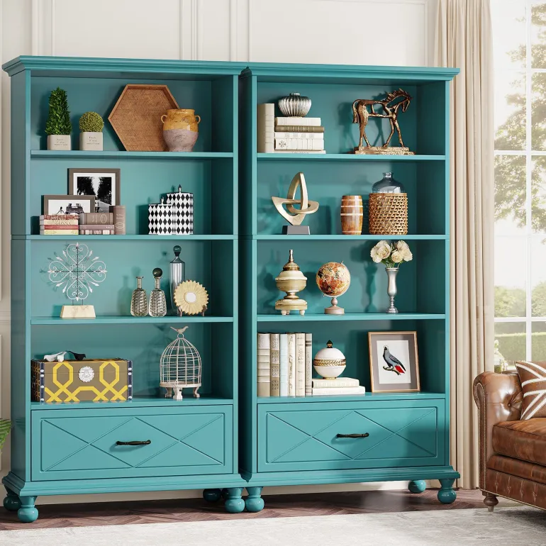 Clearance Tribesigns 6-Shelf Bookcase with Drawer, 71" Bookshelf with Solid Wood Legs