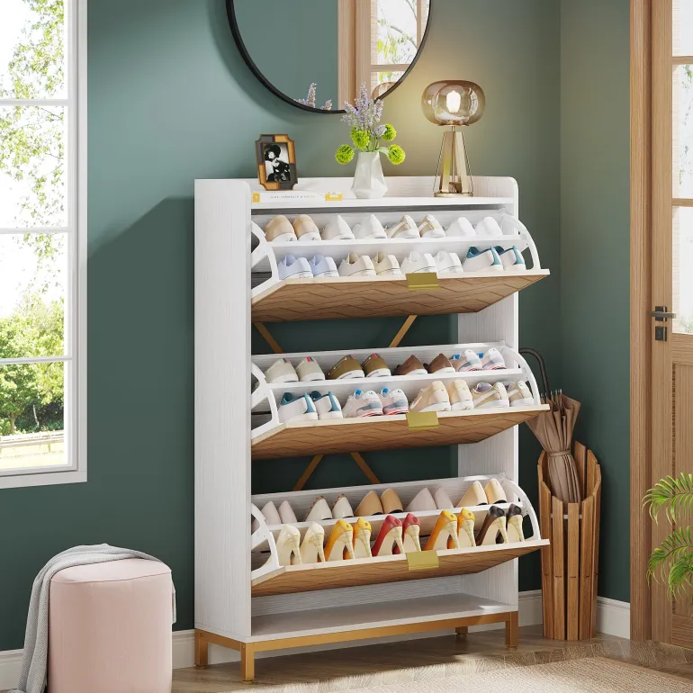 Clearance Tribesigns Shoe Cabinet, Freestanding Shoe Rack Organizer with 3 Flip Drawers