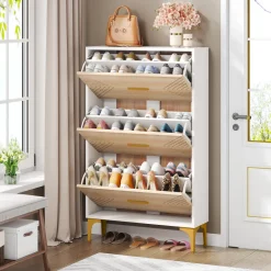 Cheap Tribesigns Shoe Cabinet, Slim Hidden Shoe Rack Organizer with 3 Flip Drawers