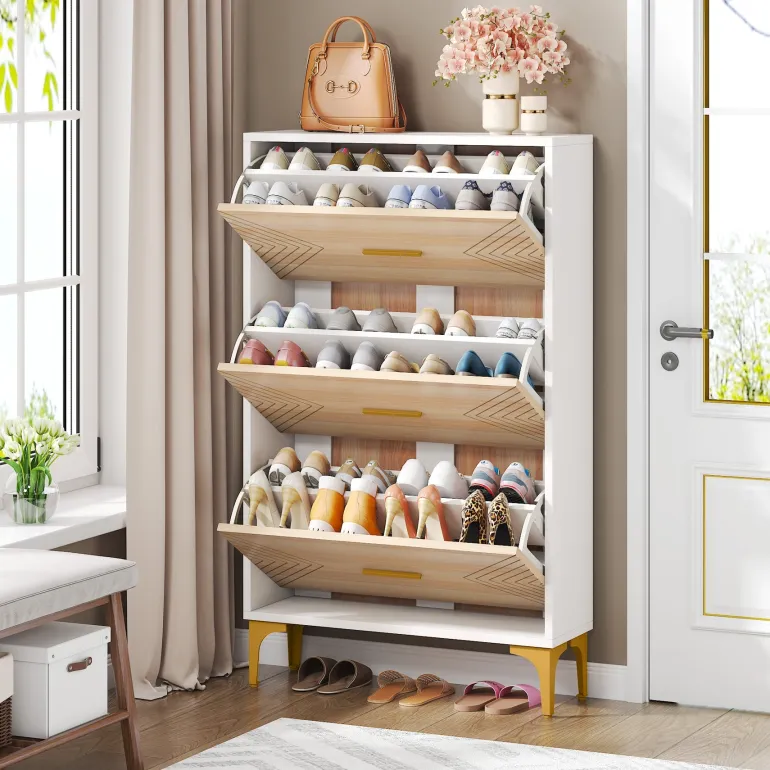 Cheap Tribesigns Shoe Cabinet, Slim Hidden Shoe Rack Organizer with 3 Flip Drawers