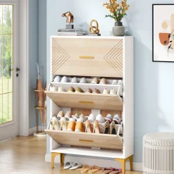 Cheap Tribesigns Shoe Cabinet, Slim Hidden Shoe Rack Organizer with 3 Flip Drawers