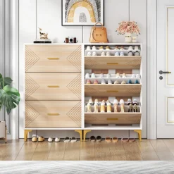 Cheap Tribesigns Shoe Cabinet, Slim Hidden Shoe Rack Organizer with 3 Flip Drawers