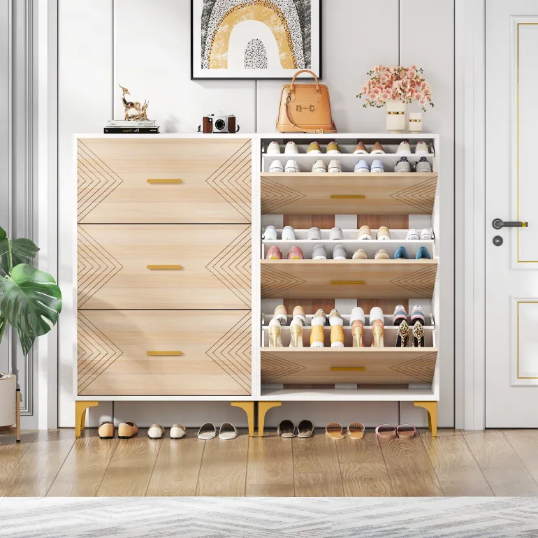 Cheap Tribesigns Shoe Cabinet, Slim Hidden Shoe Rack Organizer with 3 Flip Drawers