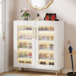 Hot Tribesigns Shoe Cabinet, 5-Tier Shoe Organizer with LED Light & Acrylic Doors