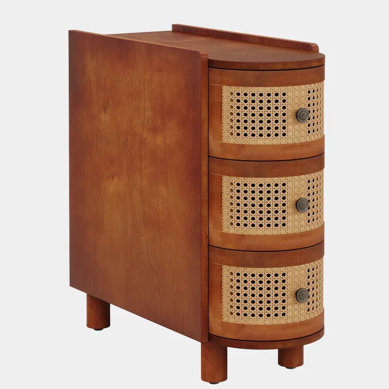 New Tribesigns Solid Wood End Table, 3 - Drawer Side Table NightStand with 3 Rattan Drawers
