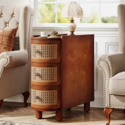 New Tribesigns Solid Wood End Table, 3 - Drawer Side Table NightStand with 3 Rattan Drawers