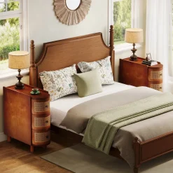 New Tribesigns Solid Wood End Table, 3 - Drawer Side Table NightStand with 3 Rattan Drawers