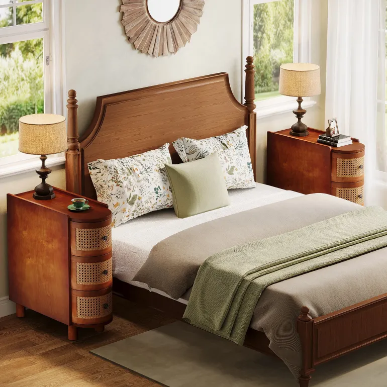 New Tribesigns Solid Wood End Table, 3 - Drawer Side Table NightStand with 3 Rattan Drawers