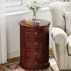 Best Sale Tribesigns Solid Wood End Table, Round Side Table With 4 Drawers