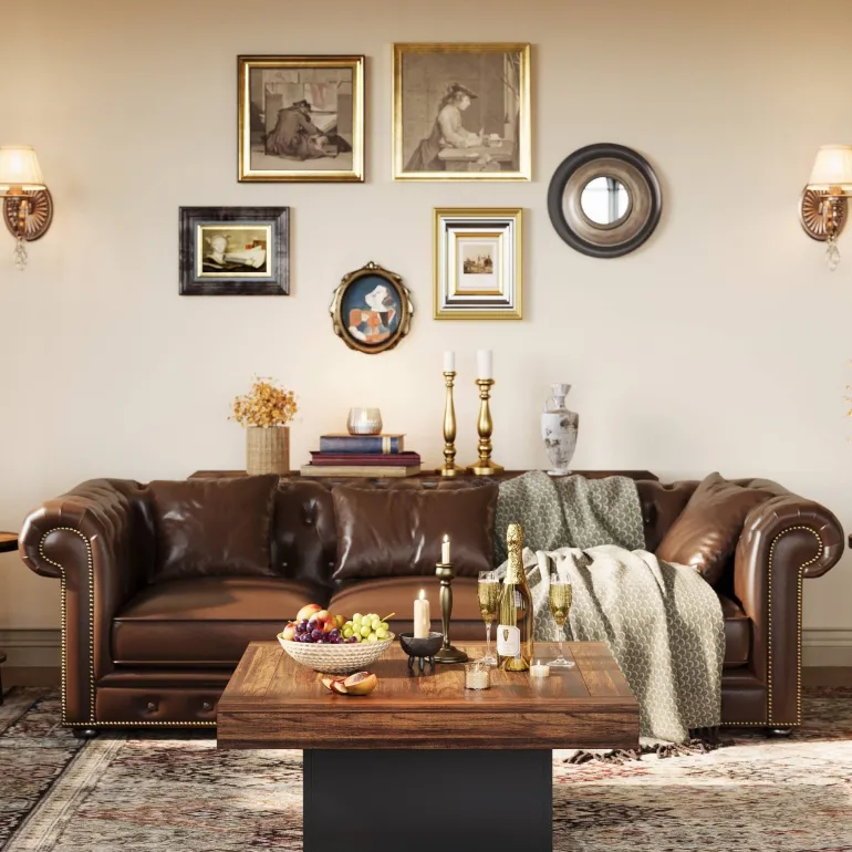 Shop Tribesigns Square Coffee Table, Farmhouse Wood Cocktail Table with LED Light