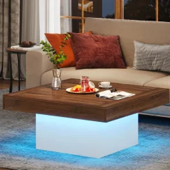 Shop Tribesigns Square Coffee Table, Farmhouse Wood Cocktail Table with LED Light