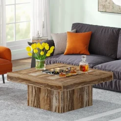 Shop Tribesigns Square Coffee Table, Farmhouse Wood Cocktail Table with LED Light