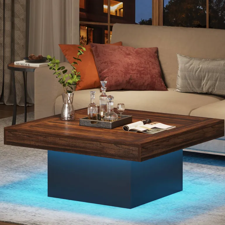Shop Tribesigns Square Coffee Table, Farmhouse Wood Cocktail Table with LED Light
