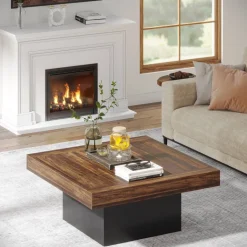 Shop Tribesigns Square Coffee Table, Farmhouse Wood Cocktail Table with LED Light