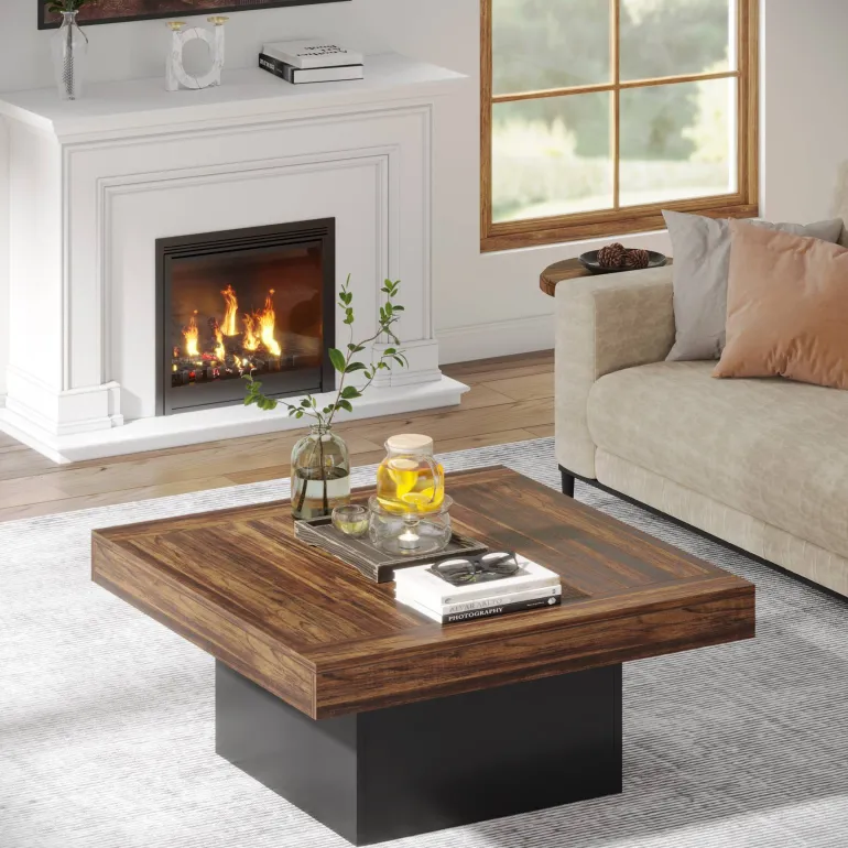 Shop Tribesigns Square Coffee Table, Farmhouse Wood Cocktail Table with LED Light