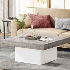 Shop Tribesigns Square Coffee Table, Farmhouse Wood Cocktail Table with LED Light