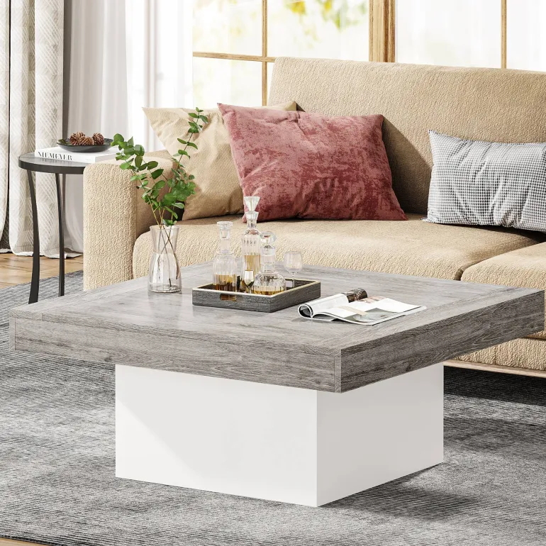 Shop Tribesigns Square Coffee Table, Farmhouse Wood Cocktail Table with LED Light