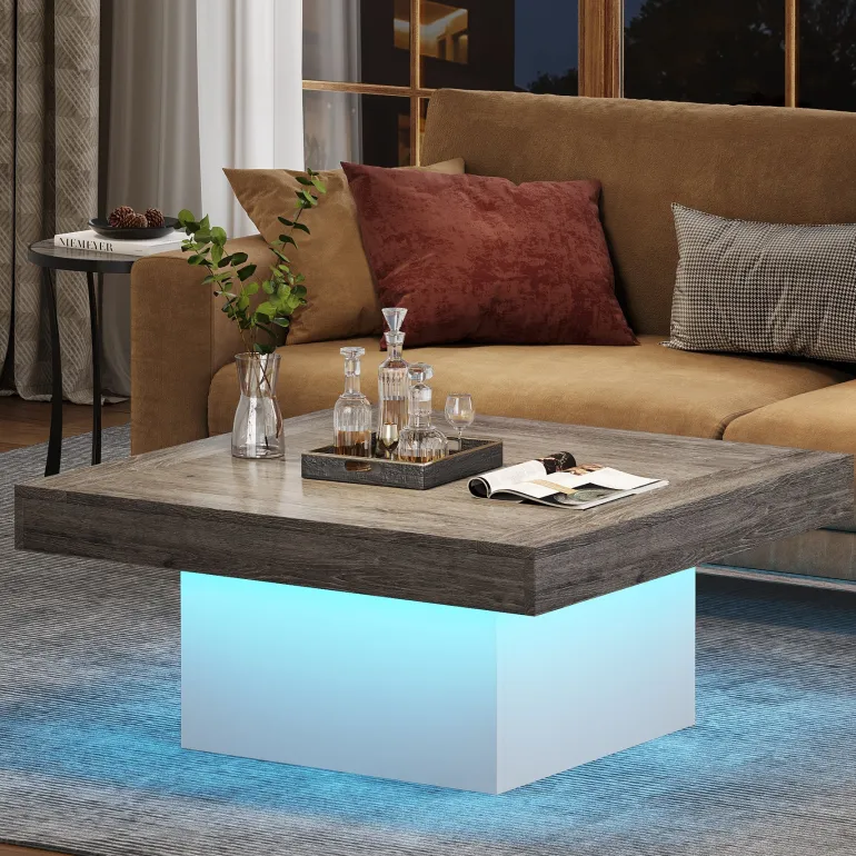 Shop Tribesigns Square Coffee Table, Farmhouse Wood Cocktail Table with LED Light