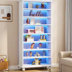 Best Sale Tribesigns 9-Tier Bookcase Wood Bookshelf with LED Lighting & Solid Wood Legs