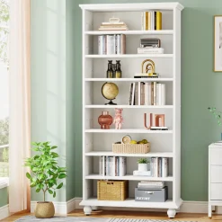 Best Sale Tribesigns 9-Tier Bookcase Wood Bookshelf with LED Lighting & Solid Wood Legs