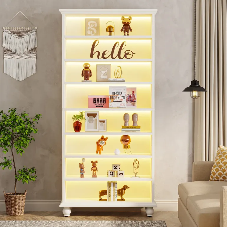 Best Sale Tribesigns 9-Tier Bookcase Wood Bookshelf with LED Lighting & Solid Wood Legs