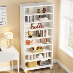 Best Sale Tribesigns 9-Tier Bookcase Wood Bookshelf with LED Lighting & Solid Wood Legs