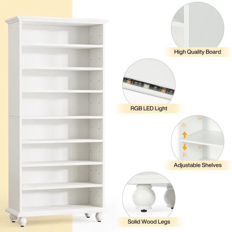Best Sale Tribesigns 9-Tier Bookcase Wood Bookshelf with LED Lighting & Solid Wood Legs