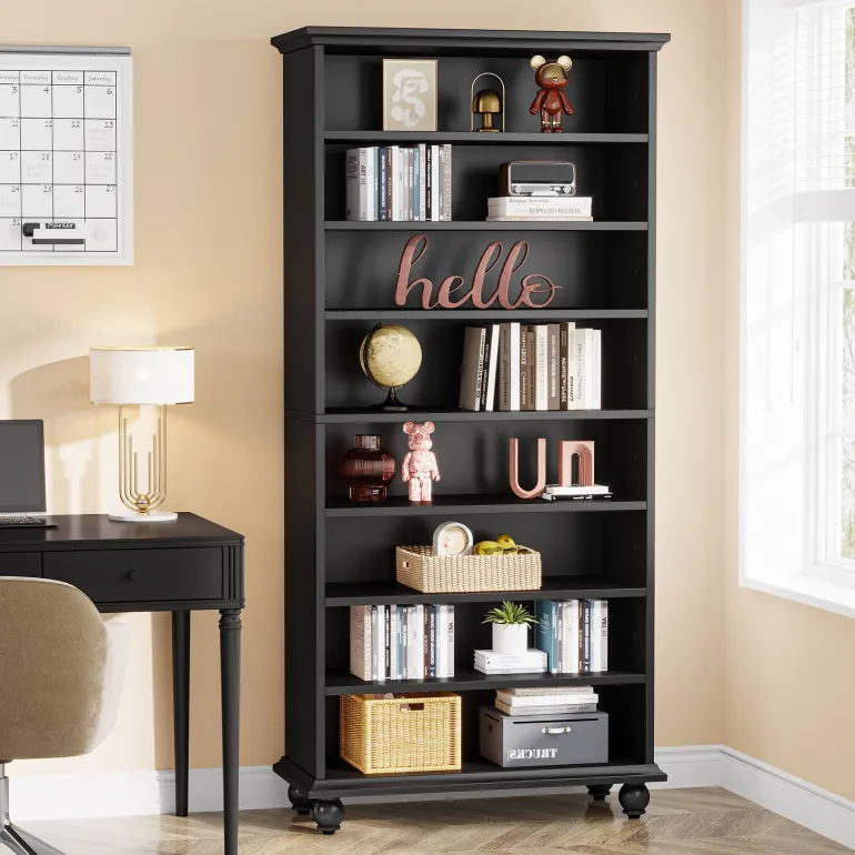 Best Sale Tribesigns 9-Tier Bookcase Wood Bookshelf with LED Lighting & Solid Wood Legs