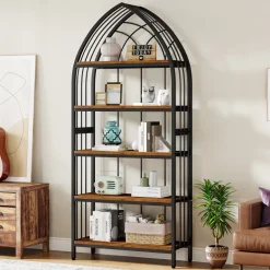 Cheap Tribesigns 5-Tier Bookshelf, 74.8" Industrial Curved Bookcase Freestanding Display Shelf