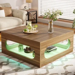 Outlet Tribesigns 2-Tier Coffee Table, Wood Square Center Tea Table with LED Strip Light