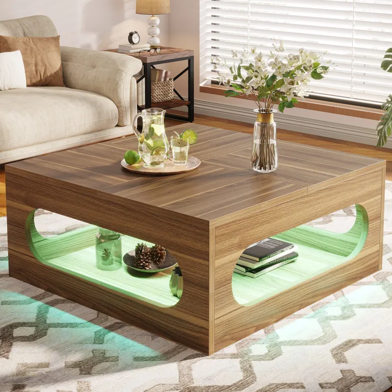 Outlet Tribesigns 2-Tier Coffee Table, Wood Square Center Tea Table with LED Strip Light