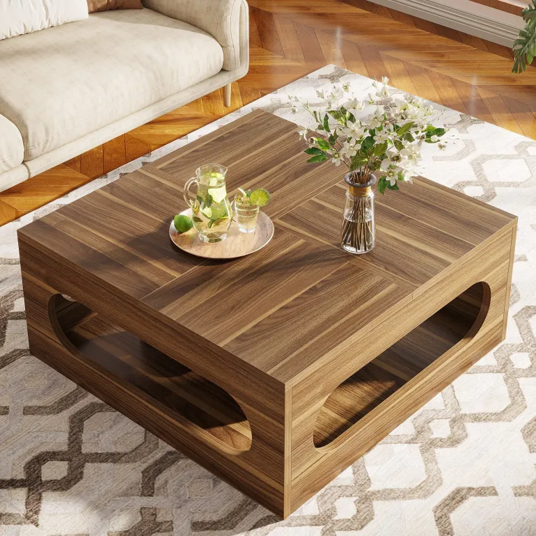 Outlet Tribesigns 2-Tier Coffee Table, Wood Square Center Tea Table with LED Strip Light