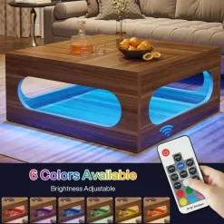 Outlet Tribesigns 2-Tier Coffee Table, Wood Square Center Tea Table with LED Strip Light