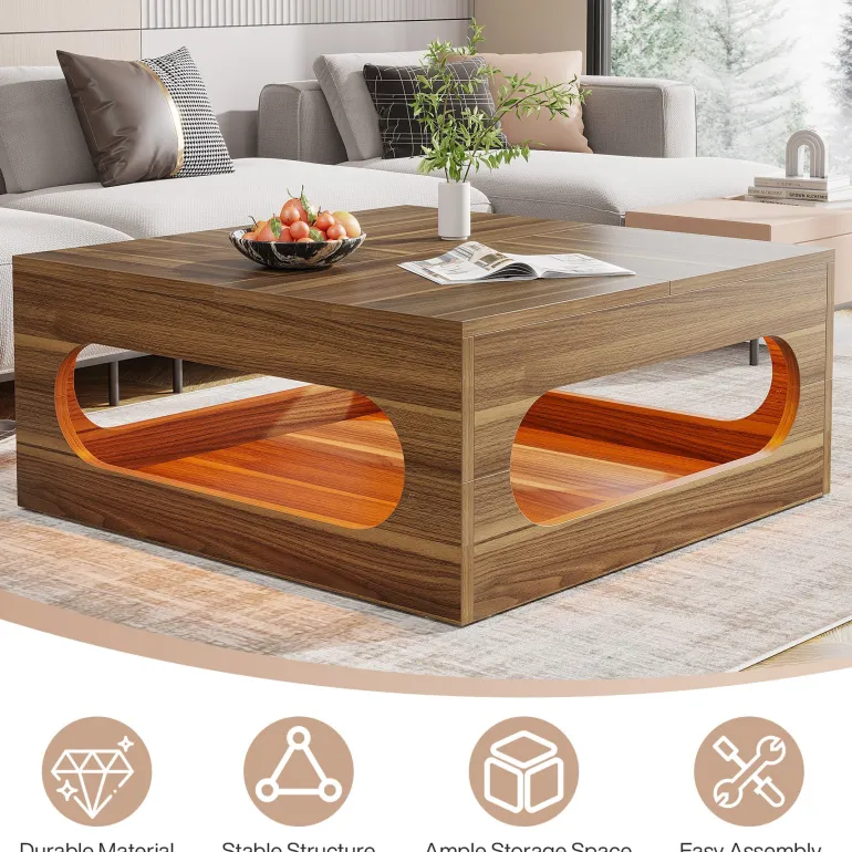 Outlet Tribesigns 2-Tier Coffee Table, Wood Square Center Tea Table with LED Strip Light