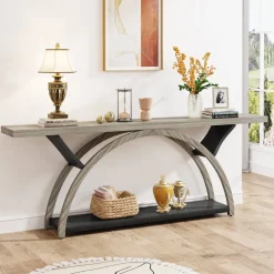 Cheap Tribesigns 2-Tier Console Table, 70.9" Entryway Table with Half Moon Frame