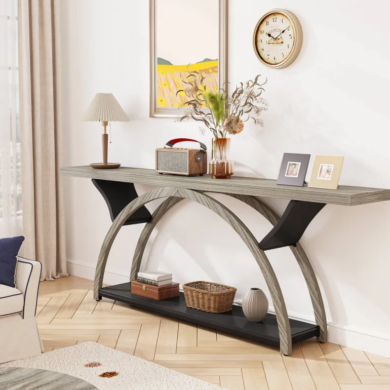 Cheap Tribesigns 2-Tier Console Table, 70.9" Entryway Table with Half Moon Frame