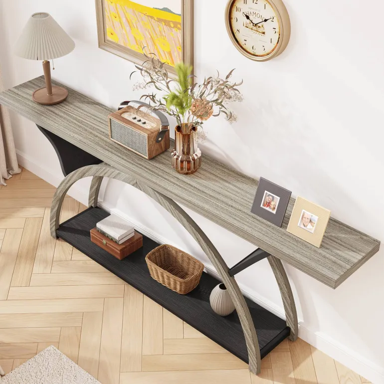Cheap Tribesigns 2-Tier Console Table, 70.9" Entryway Table with Half Moon Frame