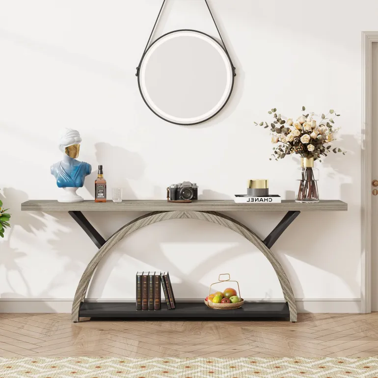 Cheap Tribesigns 2-Tier Console Table, 70.9" Entryway Table with Half Moon Frame