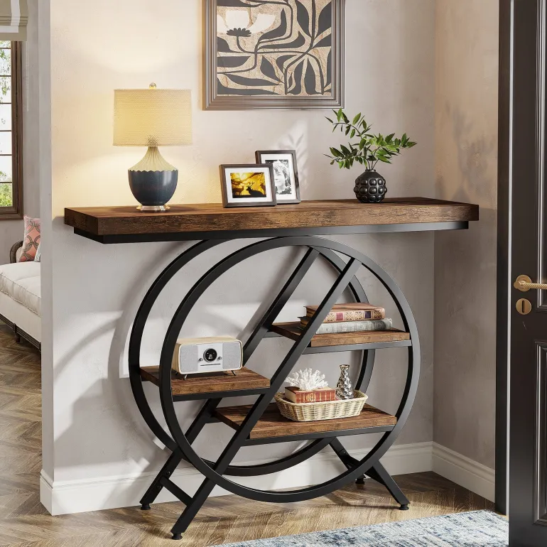 Online Tribesigns 4-Tier Console Table, 39.4" Entryway Table with Geometric Metal Frame