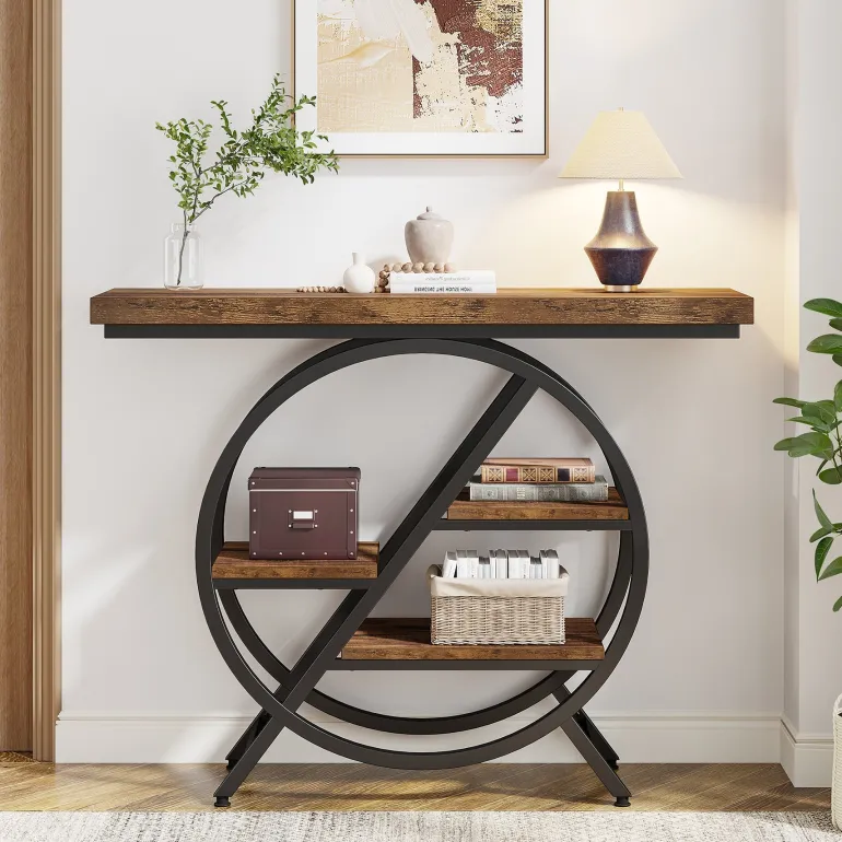 Online Tribesigns 4-Tier Console Table, 39.4" Entryway Table with Geometric Metal Frame