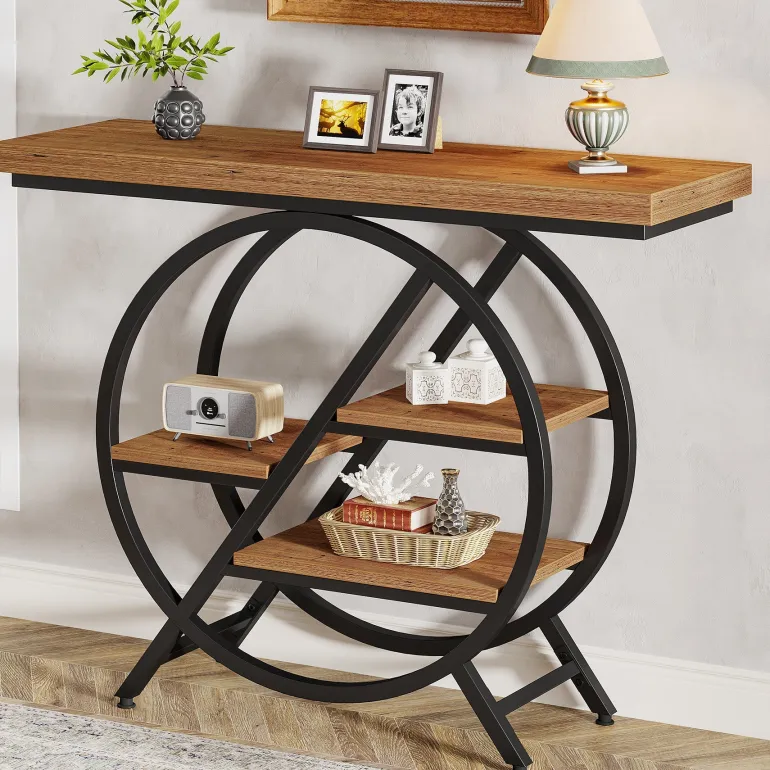 Online Tribesigns 4-Tier Console Table, 39.4" Entryway Table with Geometric Metal Frame