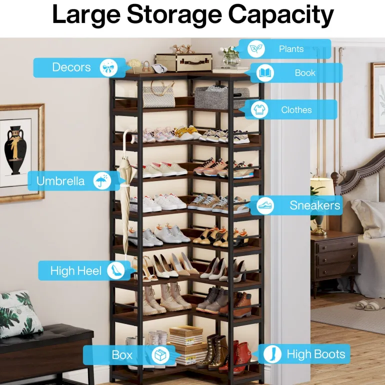 Hot Tribesigns 9-Tier Corner Shoe Rack, Freestanding Shoe Storage Shelf