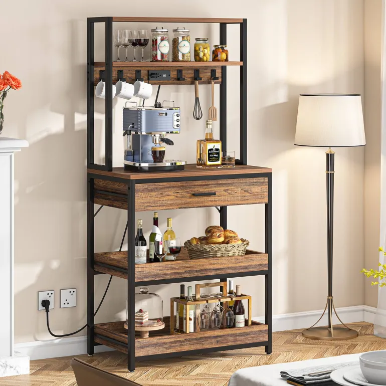 Best Sale Tribesigns 5-Tier Kitchen Baker's Rack with Power Outlets, Drawer & Sliding Shelves