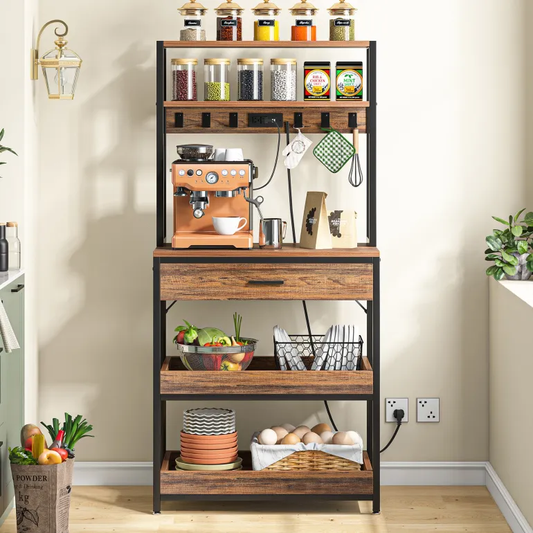 Best Sale Tribesigns 5-Tier Kitchen Baker's Rack with Power Outlets, Drawer & Sliding Shelves