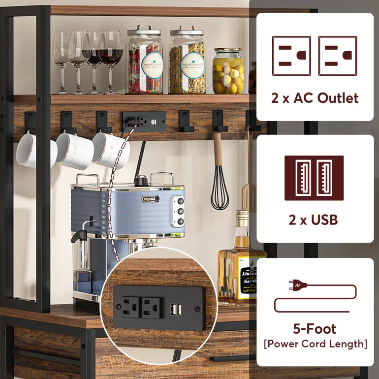 Best Sale Tribesigns 5-Tier Kitchen Baker's Rack with Power Outlets, Drawer & Sliding Shelves